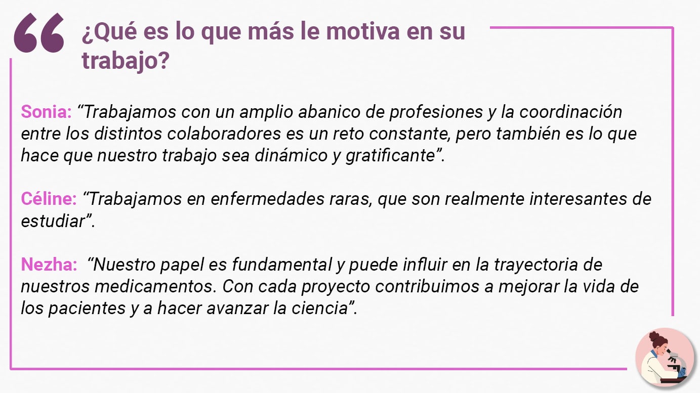 ¿Qué es lo que más le motiva en su trabajo? Sonia: “Trabajamos con un amplio abanico de profesiones y la coordinación entre los distintos colaboradores es un reto constante, pero también es lo que hace que nuestro trabajo sea dinámico y gratificante”. Céline: “Trabajamos en enfermedades raras, que son realmente interesantes de estudiar”. Nezha: “Nuestro papel es fundamental y puede influir en la trayectoria de nuestros medicamentos. Con cada proyecto contribuimos a mejorar la vida de los pacientes y a hacer avanzar la ciencia”.