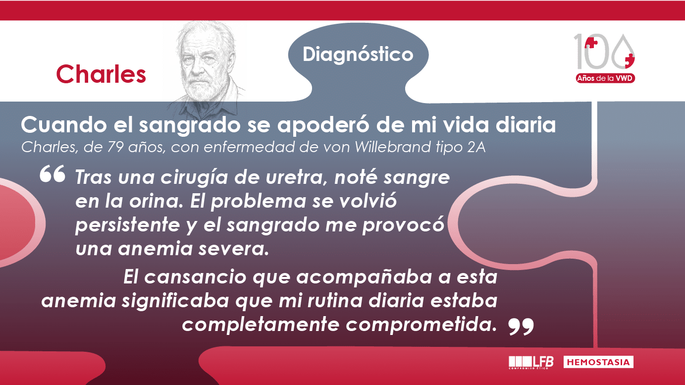 Cuando el sangrado se apoderó de mi vida diaria, Charles, de 79 años, con enfermedad de von Willebrand tipo 2A. Tras una cirugía de uretra, noté sangre en la orina. El problema se volvió persistente y el sangrado me provocó una anemia severa. El cansancio que acompañaba a esta anemia significaba que mi rutina diaria estaba completamente comprometida.