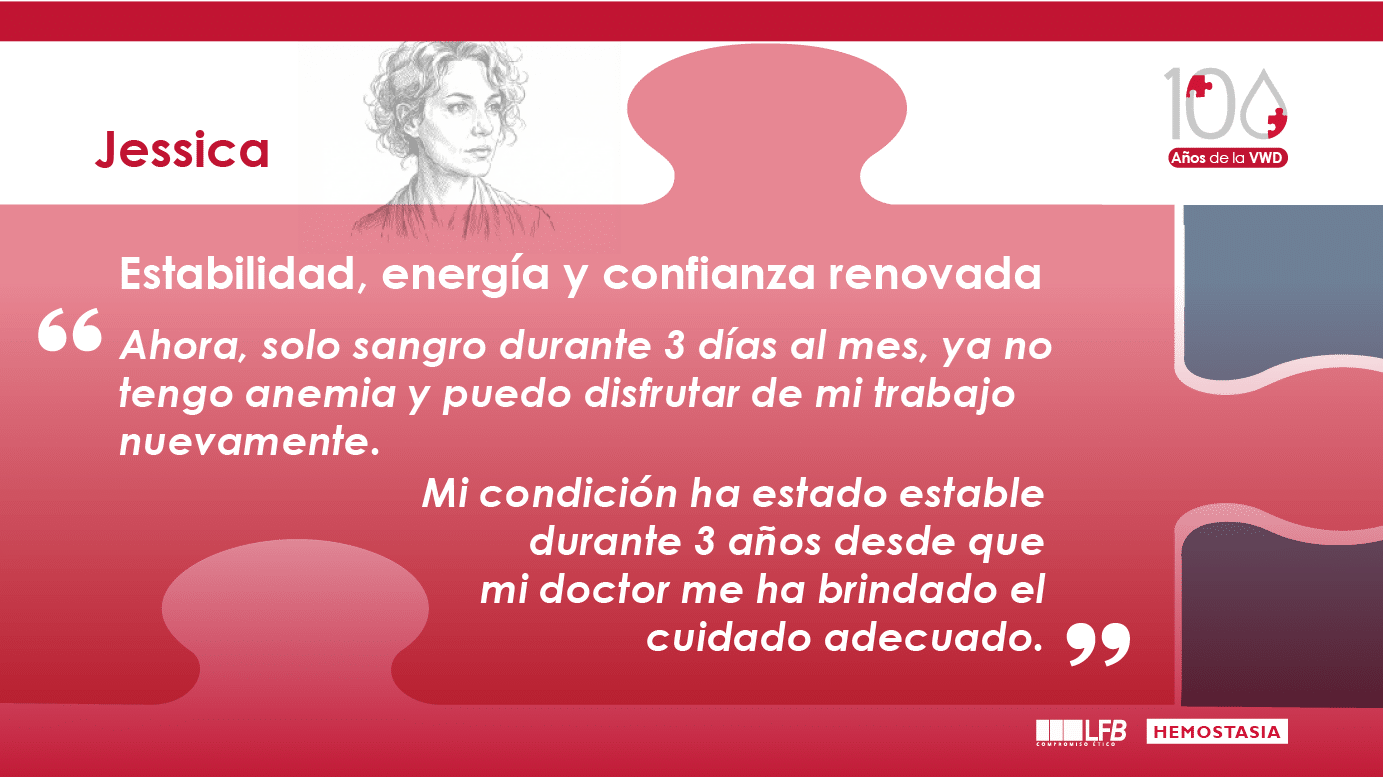 Jessica, estabilidad, energía y confianza renovada: Ahora, solo sangro durante 3 días al mes, ya no tengo anemia y puedo disfrutar de mi trabajo nuevamente. Mi condición ha estado estable durante 3 años desde que mi doctor me ha brindado el cuidado adecuado.